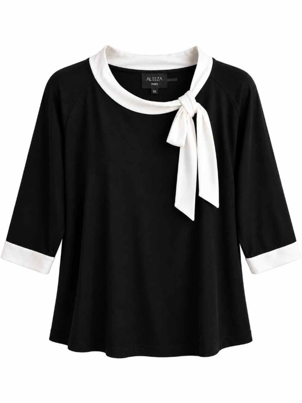 Black & White 3/4 Sleeve Blouse With Bow Detail By Aleeza Paris 4X or 5X